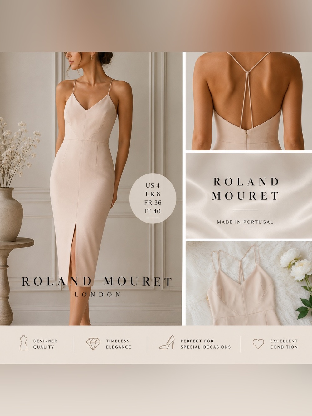 Roland Mouret Nude Blush Crepe Midi Dress US 4 UK 8 Spaghetti Strap Front Slit